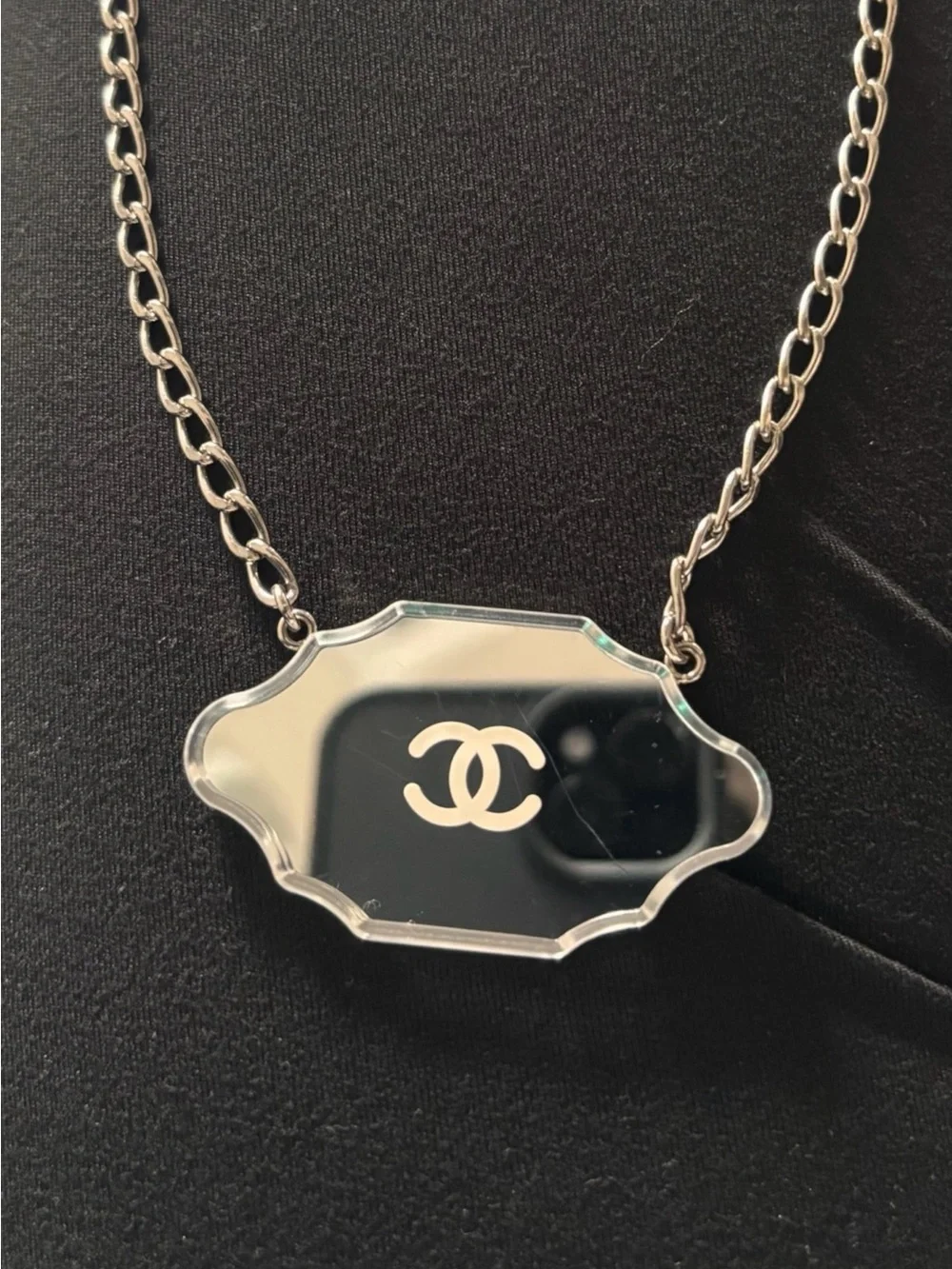 AUTHENTIC CHANEL CC Mirror Pendant Silver Necklace